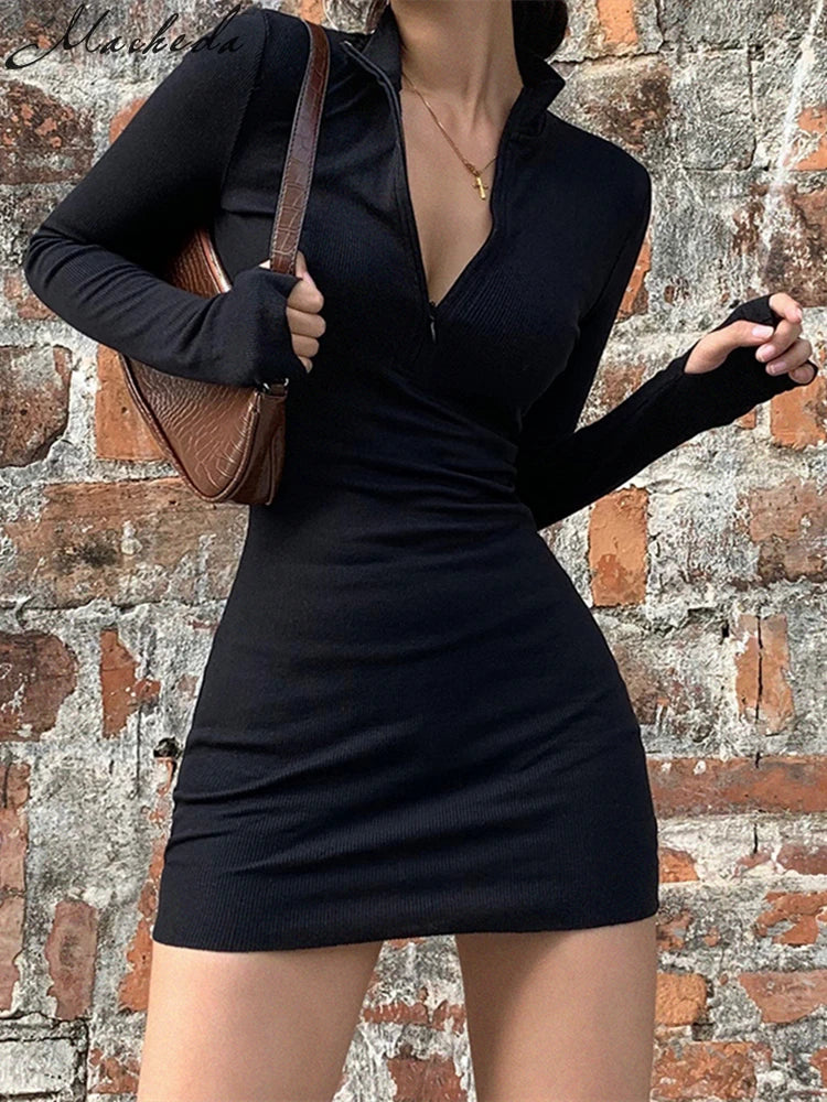 Macheda Elegant Autumn Winter Black Bodycon Dress Women 2022 Turtleneck Slim Ribbed Knitted Long Sleeve Mini Dress Vestido