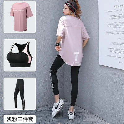 Plus Size Women Yoga Sets Loose T Shirt+Bra+Leggings Fitness Gym Suits Breathable Sports Running Clothing Tracksuit