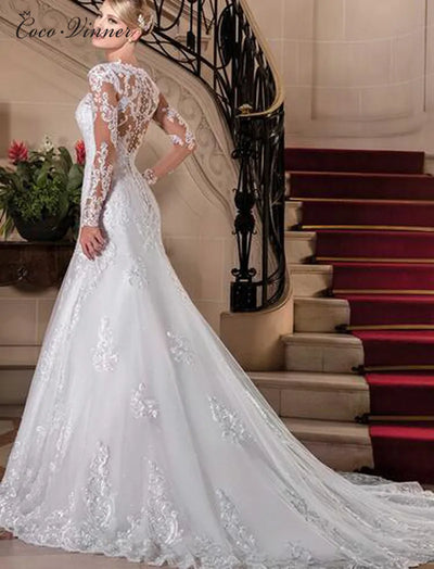 Customized Illusion Back Long sleeve Beaded Lace Mermaid Wedding Dress 2025 New Appliques White Bride Dresses For women W0149