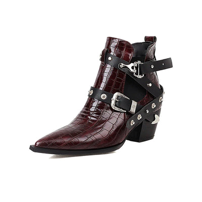 Motorcycle Western Cowboy Boots Women Snake PU Leather Short Cossacks High Heels Pointed Cowgirl Booties Buckle Womens Shoes