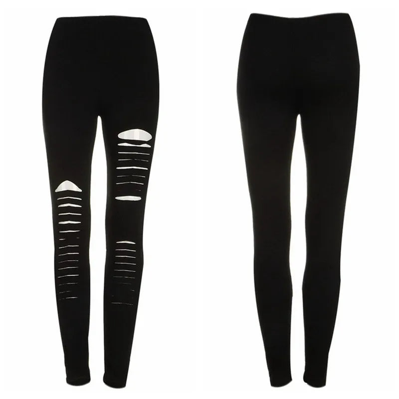 Black Punk Ripped Torn Slashed Cut Striped Leggings Pants Gothic Club Asymmetric Hole Elastic Skinny Pencil Pants For Women Girl