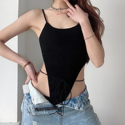 Sexy high-waist lace-up solid color slim-fit sling one-piece suit women 2021 summer new women's clothing bodysuit summer bodys