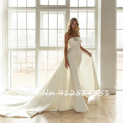 Hochzeitskleid Satin Mermaid Wedding Dress with Detachable Train Strapless Simple Brautkleid Bow Back Vestido De Noiva Sereia