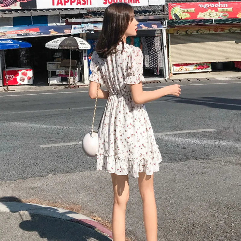 Feamle Fashion Floral Dress Women 2021 Summer New French Retro Sweet Doll Collar Puff Sleeve Ruffle Chiffon Dress Woman Dress