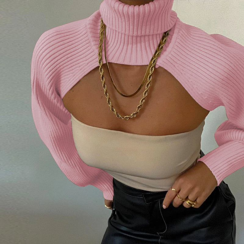 Women Sexy Turtleneck Long Puff Sleeve Knitted Sweater Arm Warmers Backless Knitwear Pullover Crop Top