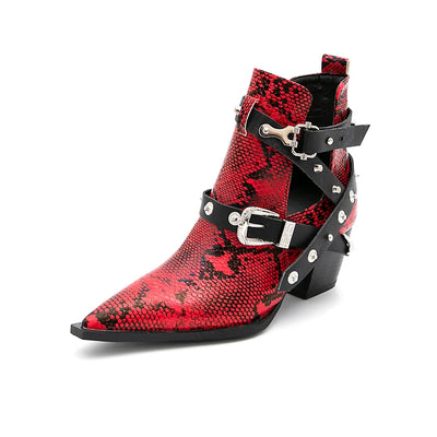 Motorcycle Western Cowboy Boots Women Snake PU Leather Short Cossacks High Heels Pointed Cowgirl Booties Buckle Womens Shoes