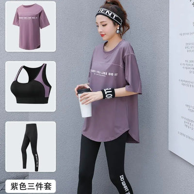 Plus Size Women Yoga Sets Loose T Shirt+Bra+Leggings Fitness Gym Suits Breathable Sports Running Clothing Tracksuit