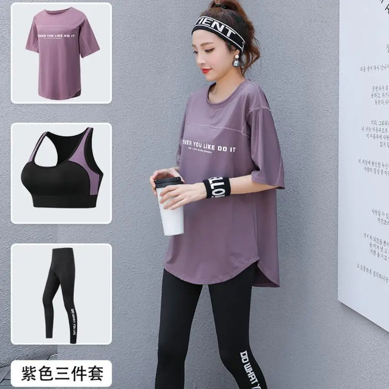 Plus Size Women Yoga Sets Loose T Shirt+Bra+Leggings Fitness Gym Suits Breathable Sports Running Clothing Tracksuit