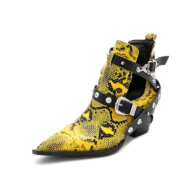 Motorcycle Western Cowboy Boots Women Snake PU Leather Short Cossacks High Heels Pointed Cowgirl Booties Buckle Womens Shoes