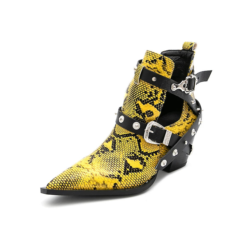 Motorcycle Western Cowboy Boots Women Snake PU Leather Short Cossacks High Heels Pointed Cowgirl Booties Buckle Womens Shoes