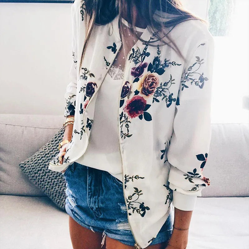 Jocoo Jolee Women Elegant Zipper Bomber Jacket Spring Autumn Floral Printed Jackets Office Wear Slim Office Coat Retro Outwear