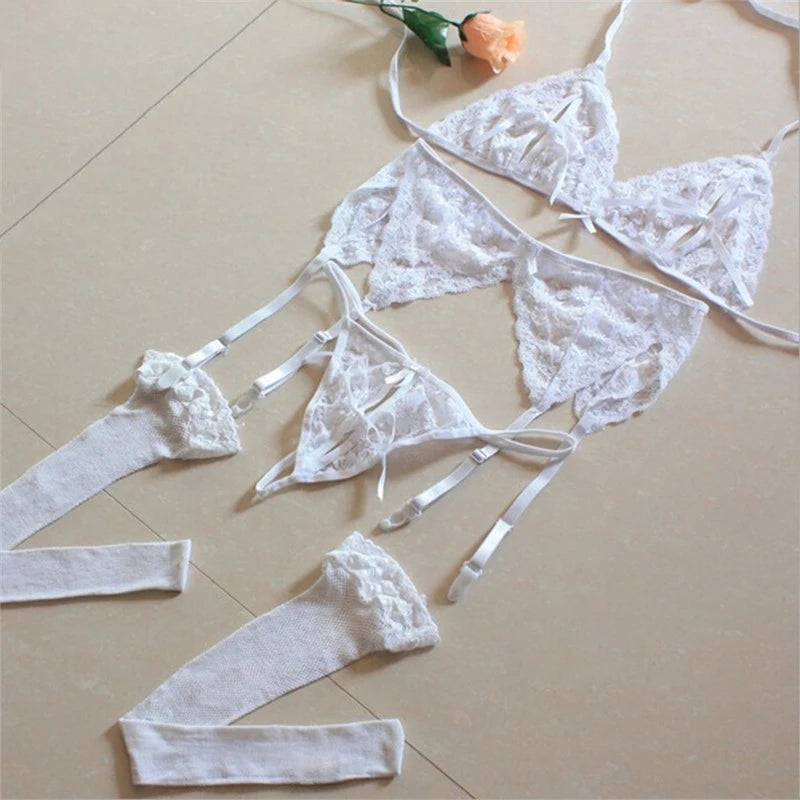 Lace Women Lingerie Set 4 Pcs Sling Open Bra Sexy Wiht Garter Panties Push Up Bra Set Erotic Transparent Underwear Net Stockings