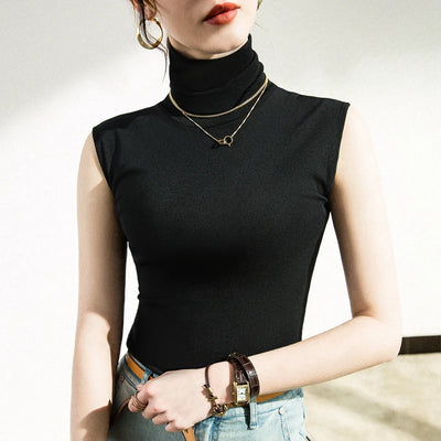 Women Slim Turtleneck Basic Tank Tops Female Mesh Camis Sleeveless Black T shirts Pullovers For Spring Autumn