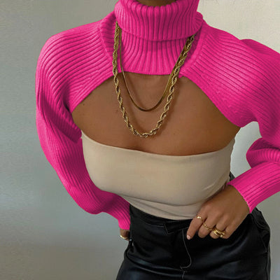 Women Sexy Turtleneck Long Puff Sleeve Knitted Sweater Arm Warmers Backless Knitwear Pullover Crop Top