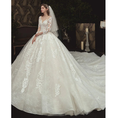 Beading Pearls Appliques Lace Illusion Princess Ball Gown Wedding Dress With Long Sleeve Vestido De Noiva Princesa