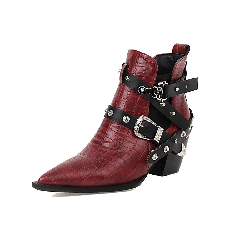 Motorcycle Western Cowboy Boots Women Snake PU Leather Short Cossacks High Heels Pointed Cowgirl Booties Buckle Womens Shoes