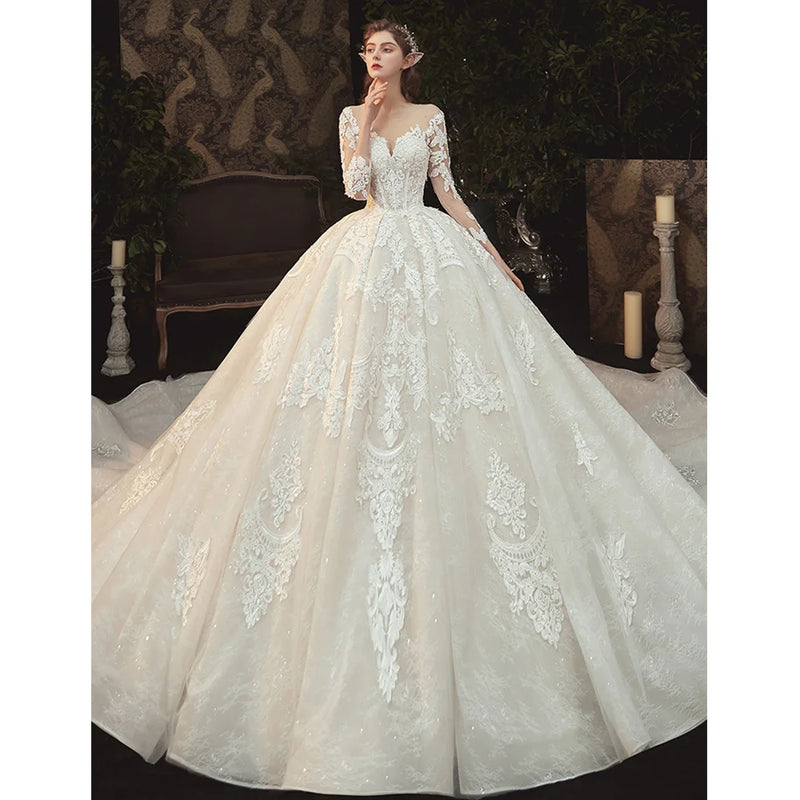 Beading Pearls Appliques Lace Illusion Princess Ball Gown Wedding Dress With Long Sleeve Vestido De Noiva Princesa