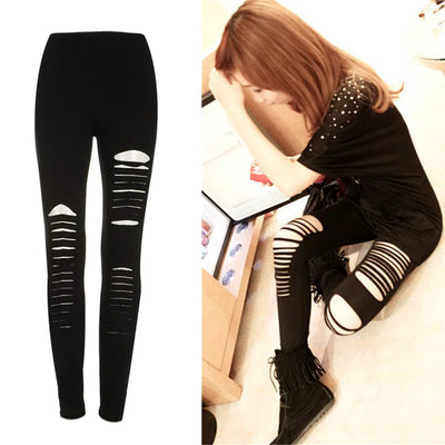 Black Punk Ripped Torn Slashed Cut Striped Leggings Pants Gothic Club Asymmetric Hole Elastic Skinny Pencil Pants For Women Girl