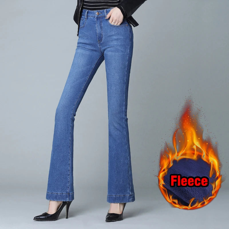 Winter Fleece Flared Pants Jeans Women New Fashion High Waist Stretch Slim TWide Legs Hick Velvet Female Denim Trousers