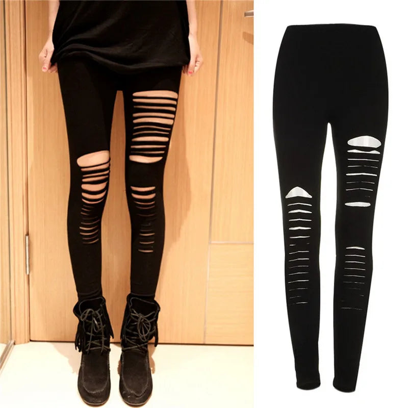 Black Punk Ripped Torn Slashed Cut Striped Leggings Pants Gothic Club Asymmetric Hole Elastic Skinny Pencil Pants For Women Girl