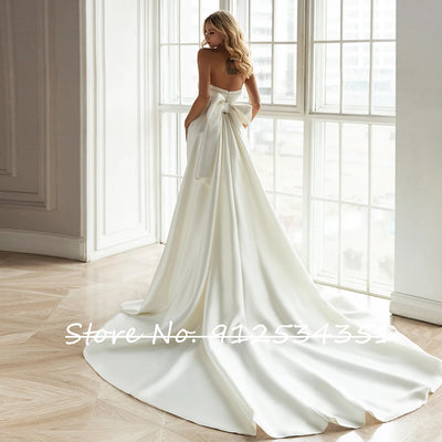 Hochzeitskleid Satin Mermaid Wedding Dress with Detachable Train Strapless Simple Brautkleid Bow Back Vestido De Noiva Sereia