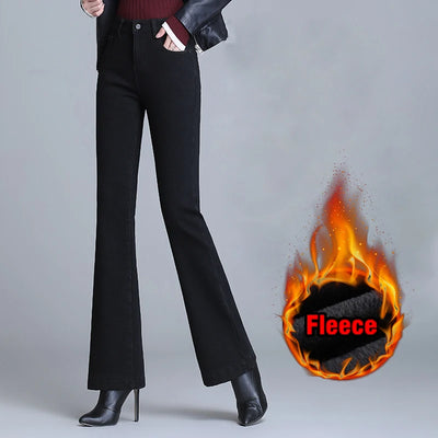 Winter Fleece Flared Pants Jeans Women New Fashion High Waist Stretch Slim TWide Legs Hick Velvet Female Denim Trousers