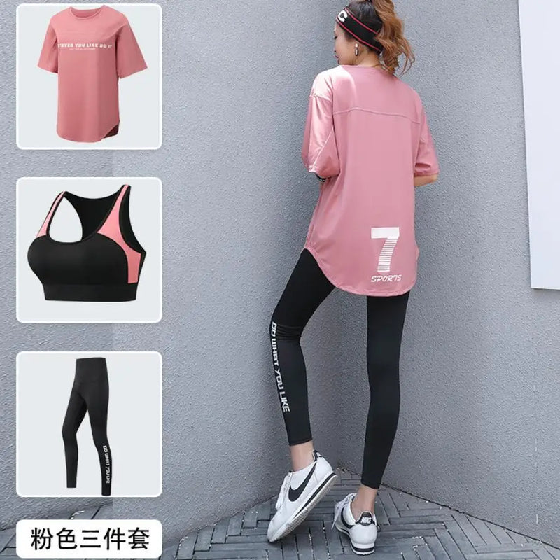 Plus Size Women Yoga Sets Loose T Shirt+Bra+Leggings Fitness Gym Suits Breathable Sports Running Clothing Tracksuit