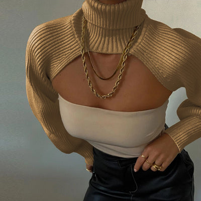 Women Sexy Turtleneck Long Puff Sleeve Knitted Sweater Arm Warmers Backless Knitwear Pullover Crop Top