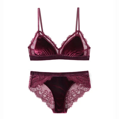 Women's Lace Velvet Wireless Underwear Set Thin Section Comfortable Bra And Panties for Autumn Winter