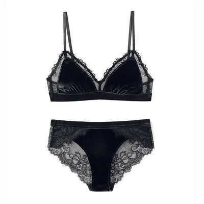 Women's Lace Velvet Wireless Underwear Set Thin Section Comfortable Bra And Panties for Autumn Winter