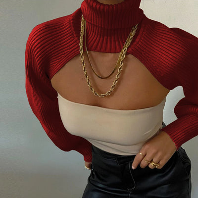 Women Sexy Turtleneck Long Puff Sleeve Knitted Sweater Arm Warmers Backless Knitwear Pullover Crop Top