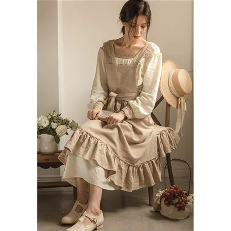 New florist Literary artist Retro Medieval Cotton Linen  Aprons For Woman Dress Flower Shop Smock Hairdresser Garden Overal