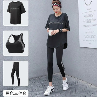 Plus Size Women Yoga Sets Loose T Shirt+Bra+Leggings Fitness Gym Suits Breathable Sports Running Clothing Tracksuit