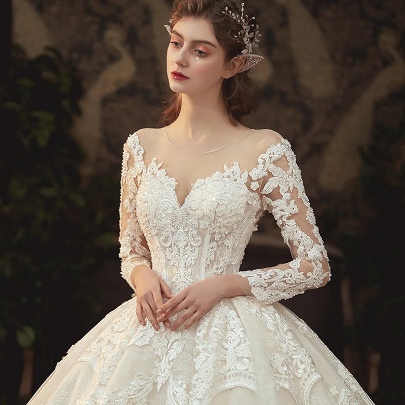 Beading Pearls Appliques Lace Illusion Princess Ball Gown Wedding Dress With Long Sleeve Vestido De Noiva Princesa