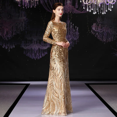 Customized Long sleeves women's formal prom dress sequined gold long wedding party dress Ceremony Dress mother's formal dress