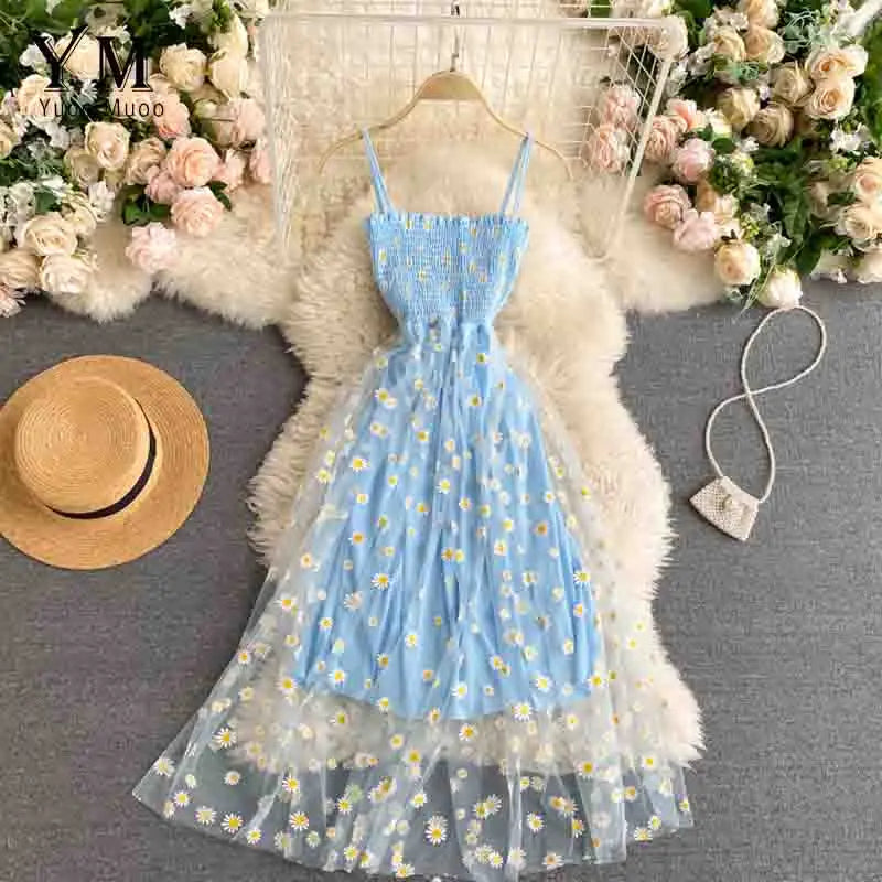 YuooMuoo Korean Fashion Daisy Flower Print Mesh Party Dress Summer Two Layers Spaghetti Strap Vacation Midi Dress Beach Vestidos