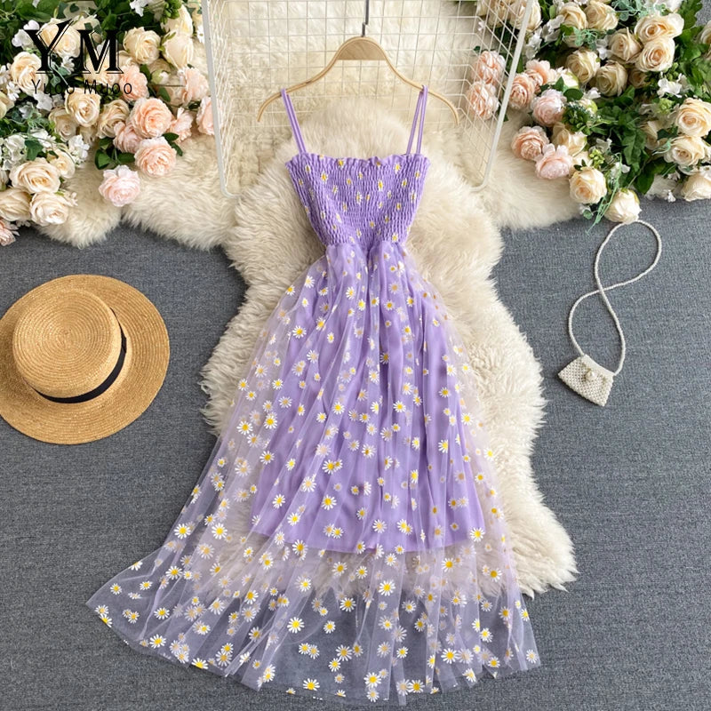 YuooMuoo Korean Fashion Daisy Flower Print Mesh Party Dress Summer Two Layers Spaghetti Strap Vacation Midi Dress Beach Vestidos