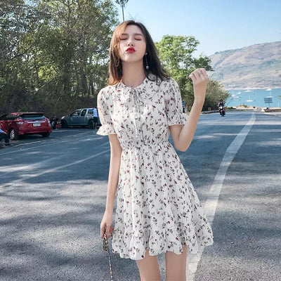 Feamle Fashion Floral Dress Women 2021 Summer New French Retro Sweet Doll Collar Puff Sleeve Ruffle Chiffon Dress Woman Dress