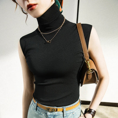 Women Slim Turtleneck Basic Tank Tops Female Mesh Camis Sleeveless Black T shirts Pullovers For Spring Autumn