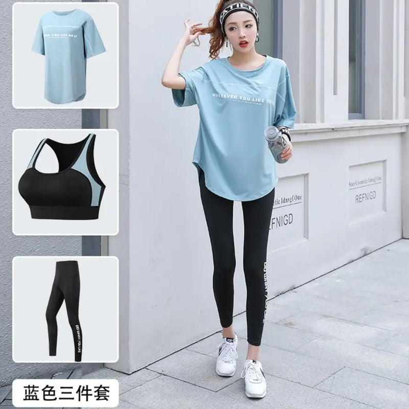 Plus Size Women Yoga Sets Loose T Shirt+Bra+Leggings Fitness Gym Suits Breathable Sports Running Clothing Tracksuit