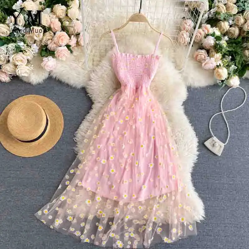 YuooMuoo Korean Fashion Daisy Flower Print Mesh Party Dress Summer Two Layers Spaghetti Strap Vacation Midi Dress Beach Vestidos