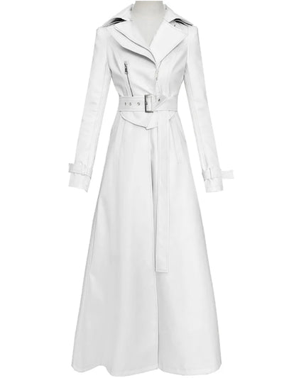 Nerazzurri Spring Runway White Long Leather Trench Coat for Women Long Sleeve Elegant Luxury fashion Womens Coats 2021 Designer