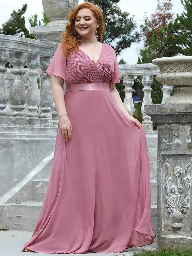 2024 New Women Plus Size Evening Dresses Long Elegant A Line V Neck Ruffles Chiffon Formal Wedding Party Dress Robe De Soiree