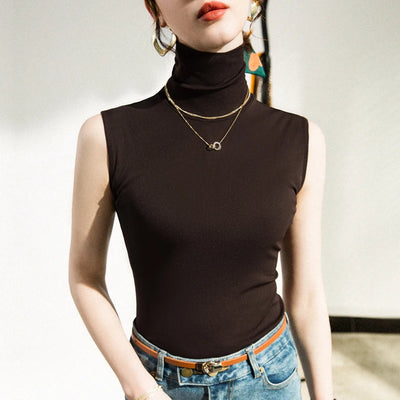 Women Slim Turtleneck Basic Tank Tops Female Mesh Camis Sleeveless Black T shirts Pullovers For Spring Autumn