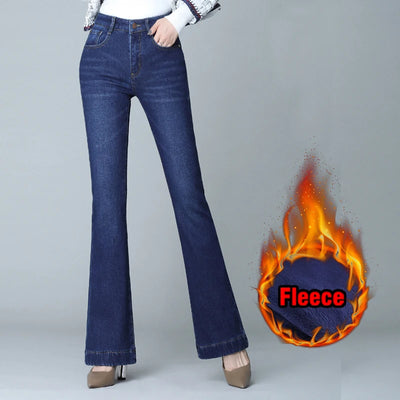 Winter Fleece Flared Pants Jeans Women New Fashion High Waist Stretch Slim TWide Legs Hick Velvet Female Denim Trousers