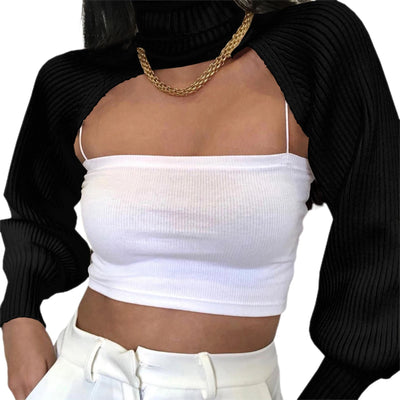 Women Sexy Turtleneck Long Puff Sleeve Knitted Sweater Arm Warmers Backless Knitwear Pullover Crop Top