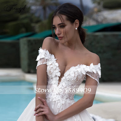 Customized Off The Shoulder A Line Lace Wedding Dresses Elegant Appliques Bride Dress Cathedral Train Bridal Gown Plus Size