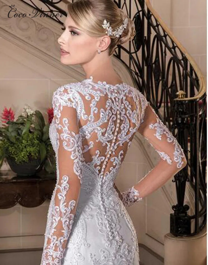 Customized Illusion Back Long sleeve Beaded Lace Mermaid Wedding Dress 2025 New Appliques White Bride Dresses For women W0149