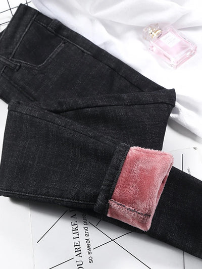 Fashion Stretch High Waist Pencil Pants Female Casual Velvet Jeans Womens High Quality Jeans Thick Women Pants 2024