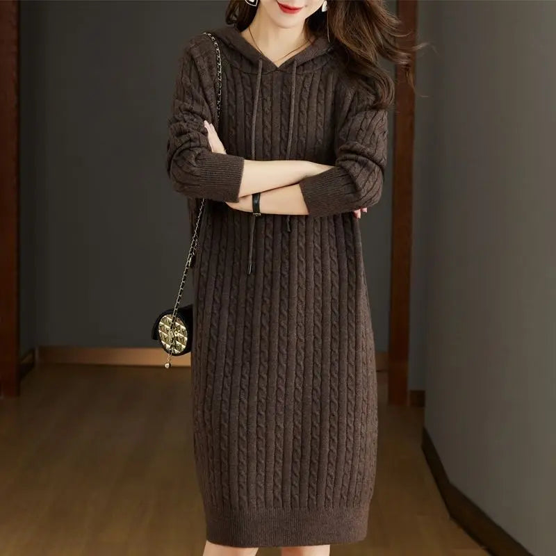 Autumn Winter Women Korean Fashion Simple Twists Hooded Sweater Dresses Elegant Chic Solid Long Sleeve Loose Knitted Midi Dress